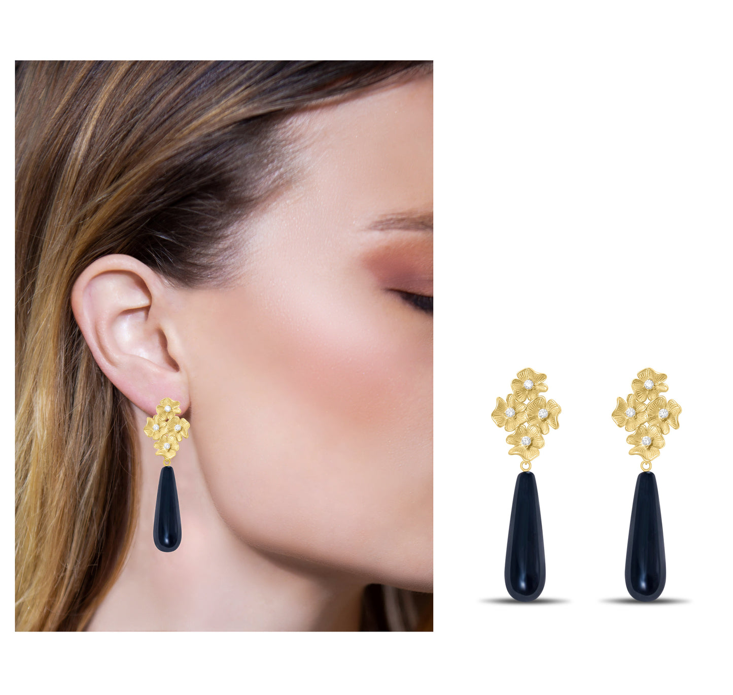 Cubic zirconia flowers with black onyx drop earrings