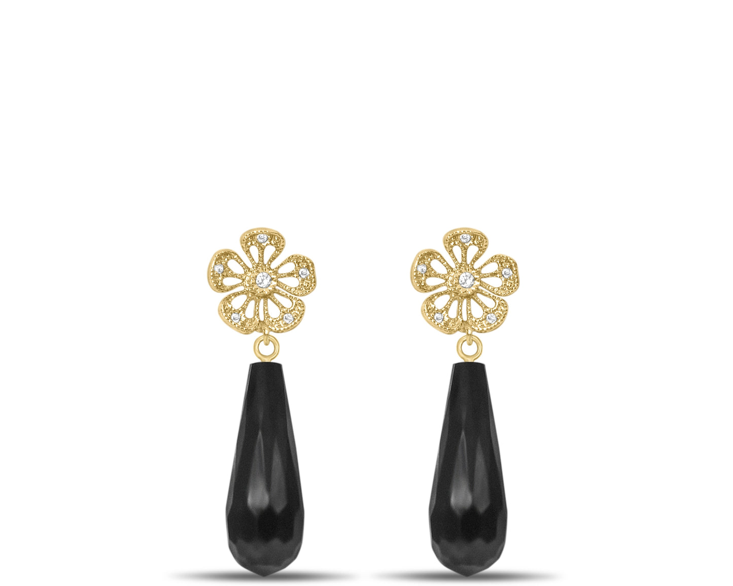 Flower with black onyx teardrop earrings