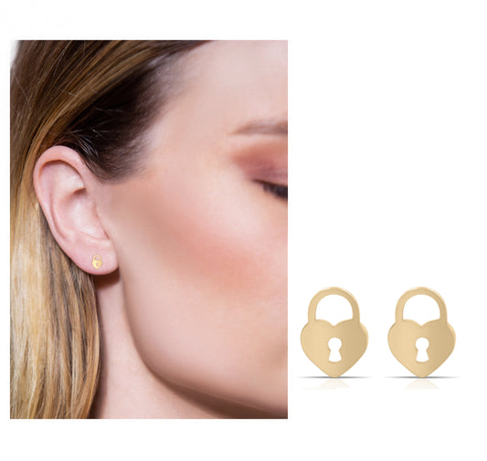 14k yellow gold heart padlock studs