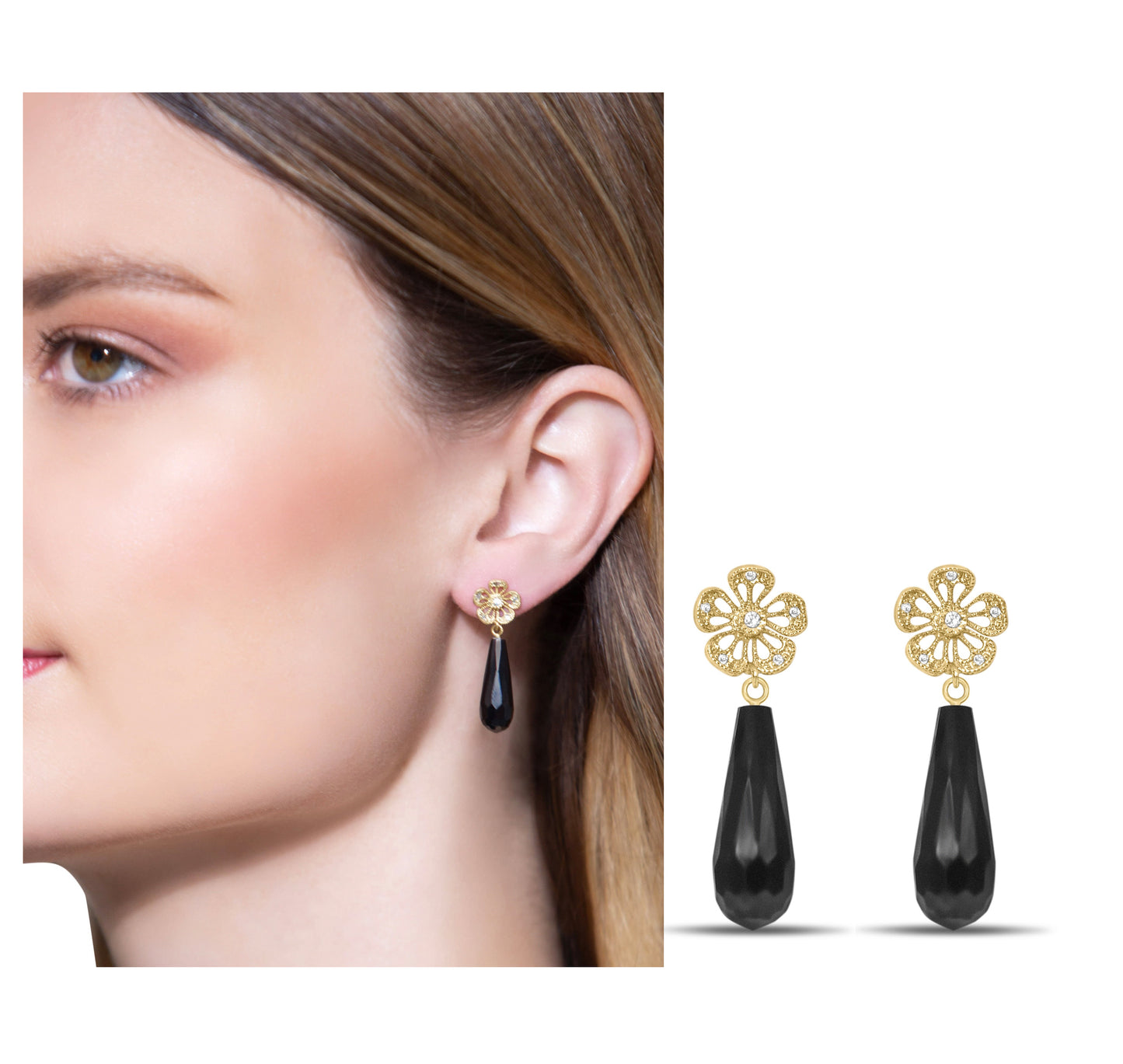 Flower with black onyx teardrop earrings