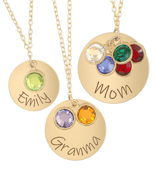 Birthstone with engraving necklace , for mom/ Grandma